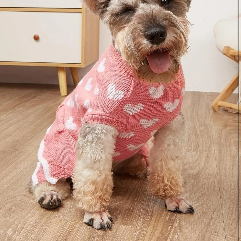 Heart  valentine Print Dog Sweater Double-Layer Trim Dress Warm Soft Winter Dog